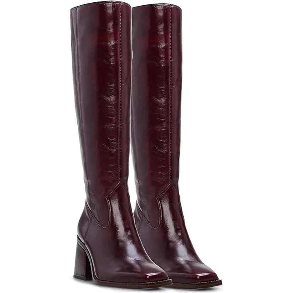 Women Burgundy Polyurethane Knee High Side Zipper Square Toe Block Heel Boots